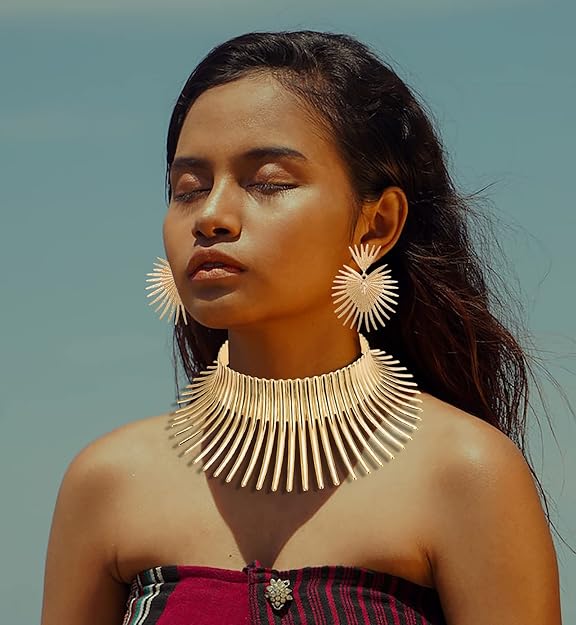 WAINIS African Collar Necklace Earrings Bracelet Set Women's Gold Toothed Tribal African Jewelry