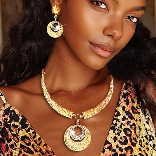 Sixexey Gold African Jewelry Set Chunky Collar Necklace Earrings Africa Festival Costume Jewelry for Women - 图片 4