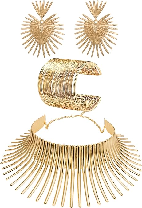 WAINIS African Collar Necklace Earrings Bracelet Set Women's Gold Toothed Tribal African Jewelry - 图片 2